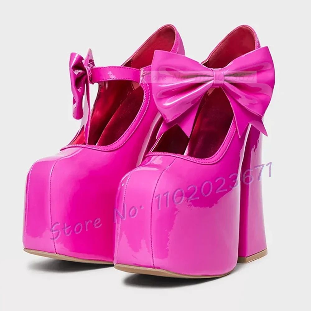 Hot Pink Patent Chunky Heel Bow Sandals Women's Evening Round Toe Platform Pumps Sweet Girl Party Cover Heel Showy Classy Shoes - view 6