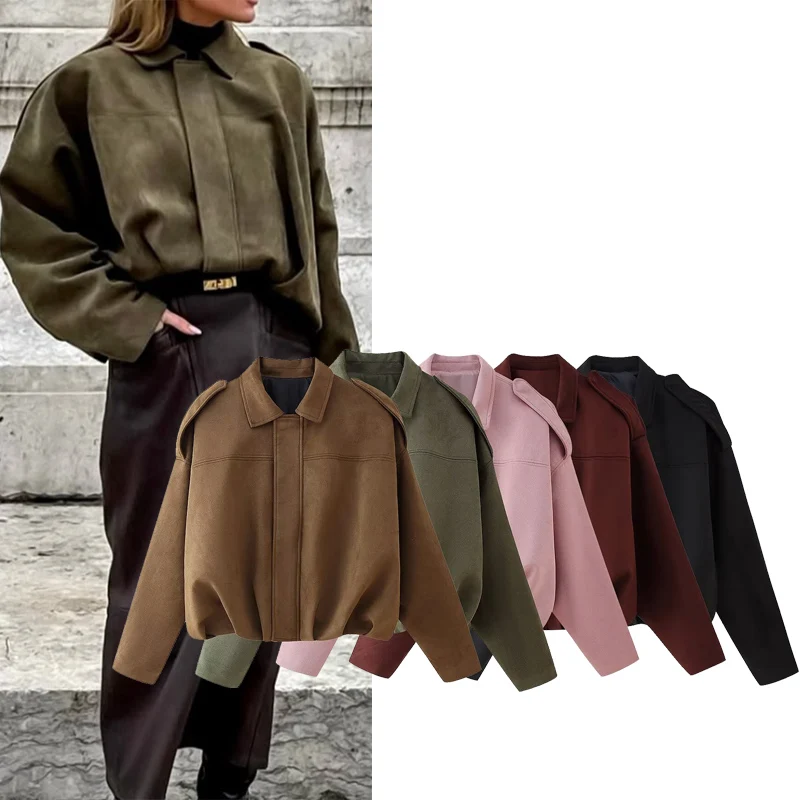 

Autumn Turn-down Collar Cropped Suede Zipper Jacket Women Solid Long Sleeve Pockets Coat Female Casual Outwear 2025 New