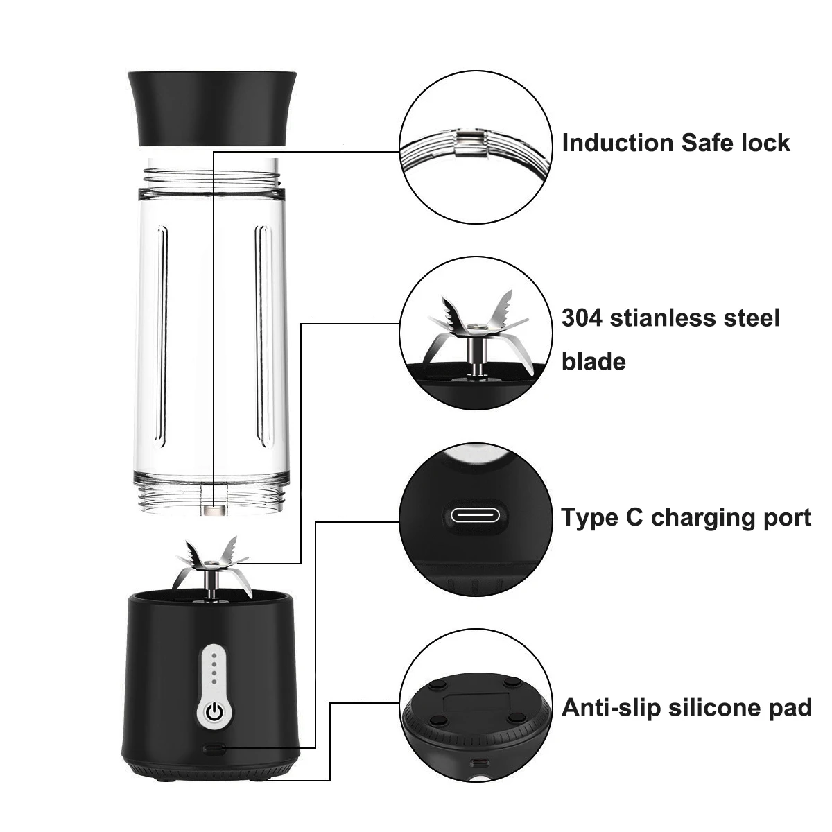 500ML Portable Blender with Lid Safe Lock 6 Stainless Blades Juice Cordless Type C Smoothie Vegetables Fruits Mixing Juicer