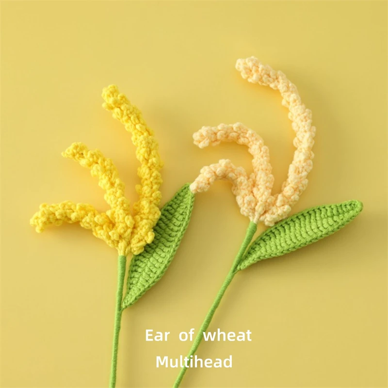 Handmade Knitted Opening Barley Woolen Multiple Head Wheat Ears Rice Flower Bundle Light Yellow Bright Yellow 10 Branches