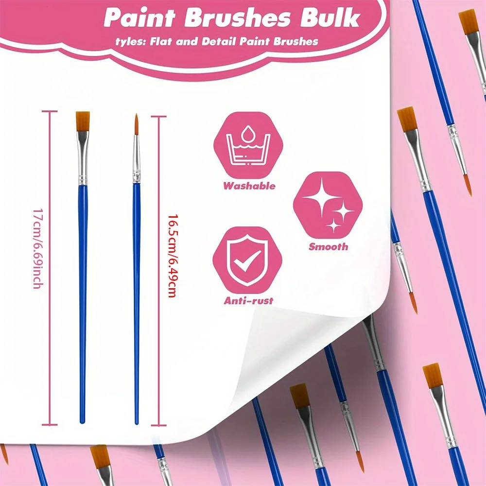 50Pcs Painting Brushes Set Art Round Flat Hair Nylon Hair Paint Brush for Oil Acrylic Watercolor