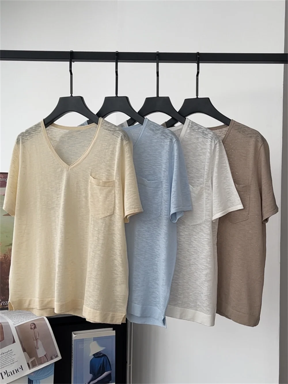 Women's Sequined V-Neck Pocket Cotton Linen Blend Loose Top Thin Short-Sleeved Knitted T-Shirt