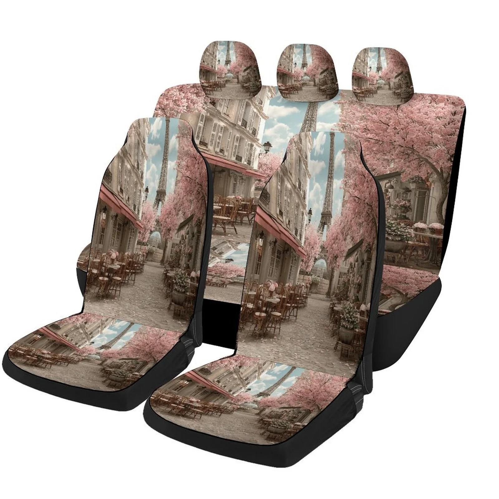 A Set Of Car Seat Covers Featuring A Romantic Paris Street Design, Suitable For Most Vehicles. These High-Quality, Comfortable P