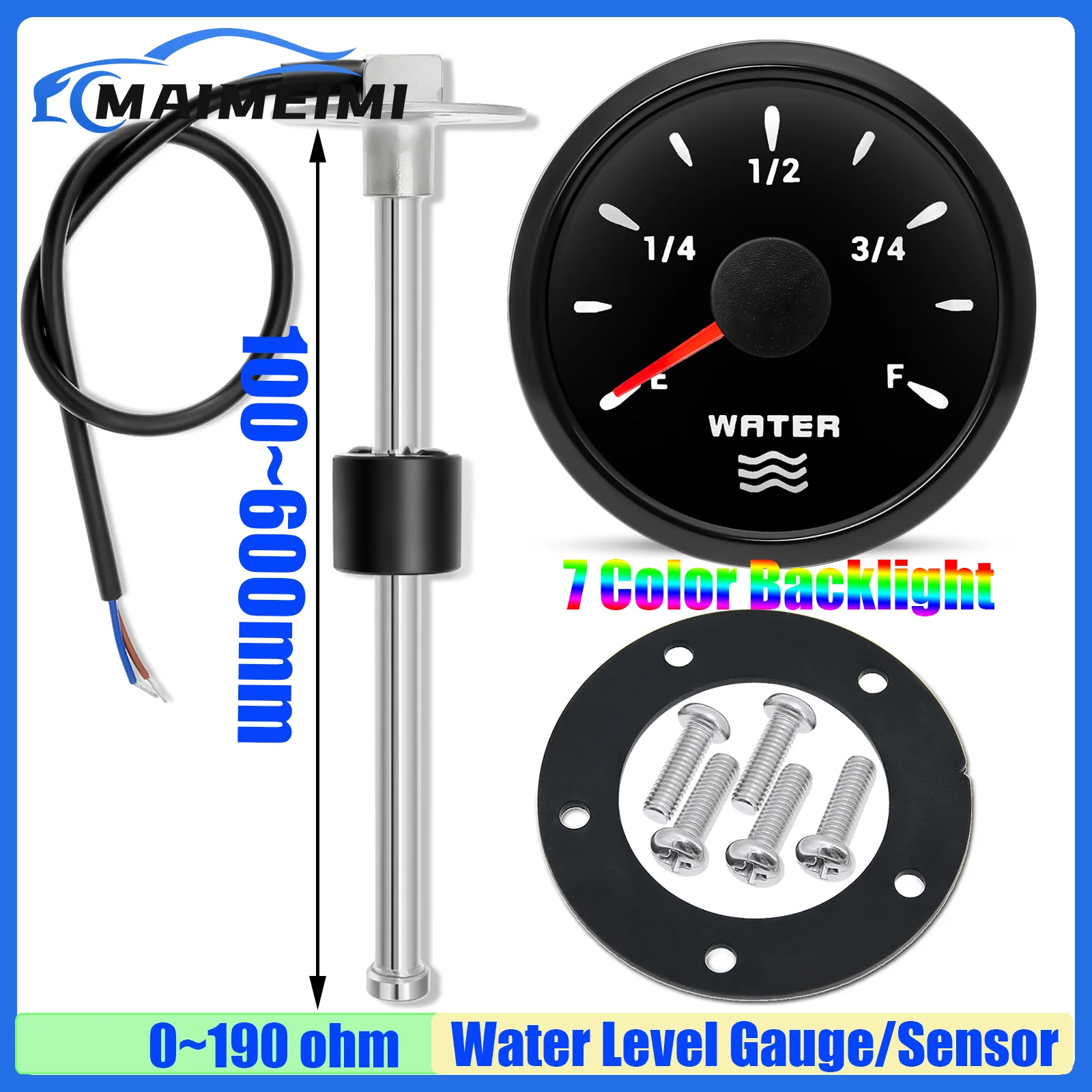 Wskaźnik Poziomu Wody Pointer Auto Car Boat 52mm 7 Kolorów LED 100~600mm 0-190Ohm Czujnik Poziomu Wody Miernik Poziomu Wody w Zbiorniku Wskaźnik 12V24V