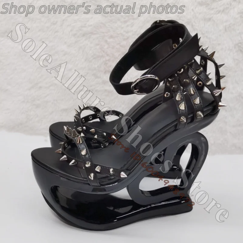Pink Heart Shaped Hollow Heel Sandals Spiked Studded Platform High Heels Ankle Strap Buckle Party Nightclub Dress Sandals