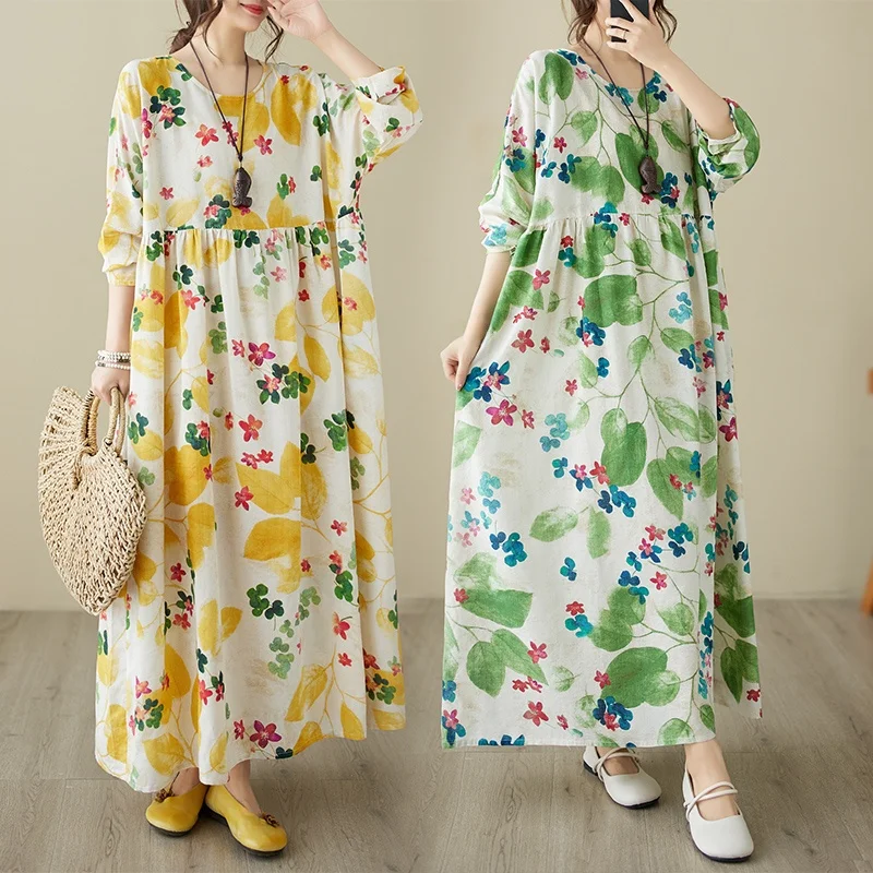 

Платье свободного кроя с длинными рукавами и круглым вырезом, с принтом, женское, больших размеров, повседневное, удобное, из смесового хлопка, праздничное, модное