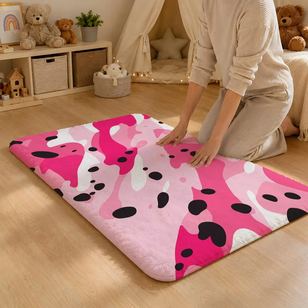 Pink Camouflage Irregular Shapes Floor Mat Flannel Rug Non Slip Absorbent Soft Washable For Entryway Hallway Kitchen Decor