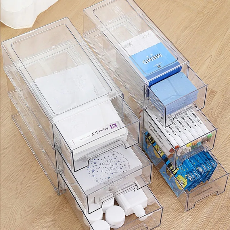 Transparent Drawer Storage Box Office Desk Stackable Pull-out Thickened Stationery Miscellaneous Organization Box