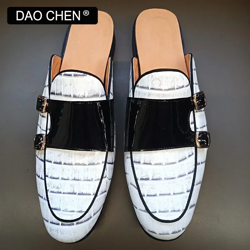 LUXURY BRAND MEN\'S MULES HALF SHOES WHITE CROCODILE PRINT CASUAL DRESS MAN SHOE SUMMER COMFORTABLE LEATHER SHOES FOR MEN