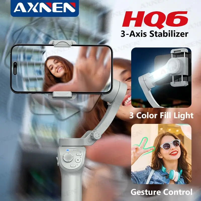 AXNEN HQ6 Smartphone Stabilizer with Fill Light, 3 Axis Handheld Gimbal for Cellphone iphone Xiaomi Samsung Huawei Video Record