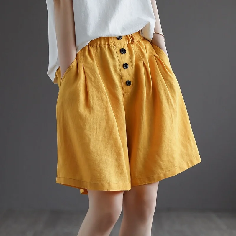 Summer 2026 Casual Five-point Pants Women's Shorts Korean Loose  Button Cotton Linen Wide Leg Pants Women's Clothing