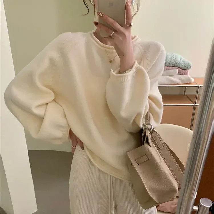 Knitted Long Sleeved Pullover Women Grey Round Neck Loose Sweater Tops 2025 Autumn High Street