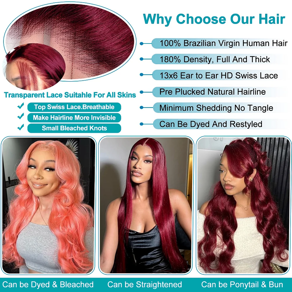 99j بورجوندي الدانتيل الجبهة الباروكات شعر الإنسان الأحمر بورجوندي شعر مستعار 220% الكثافة 13x4 الجسم موجة الدانتيل الجبهة الباروكات قبل قطعها شعري طبيعي