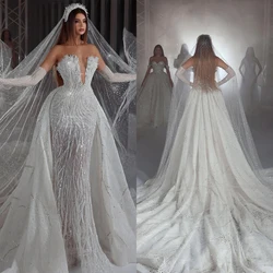 Sparkly Strapless Mermaid Wedding Dresses Detachable Train Sequined Bridal Gowns Customized فستين زفاف عاليه الجوده