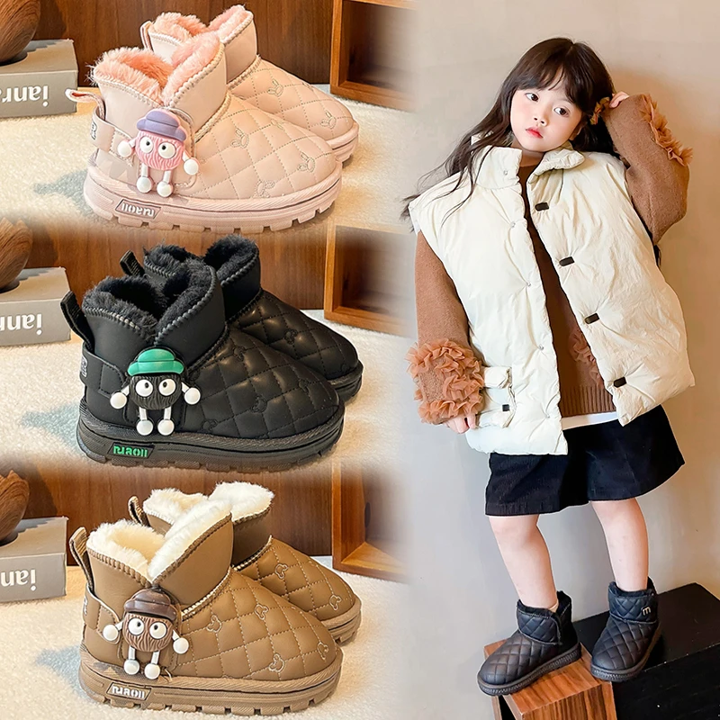 2025 الأطفال أحذية الثلوج سميكة حذاء قطني شتاء دافئ مقاوم للماء الجلود المضادة للانزلاق تصميم بنين بنات دافئ أفخم حذاء طفل