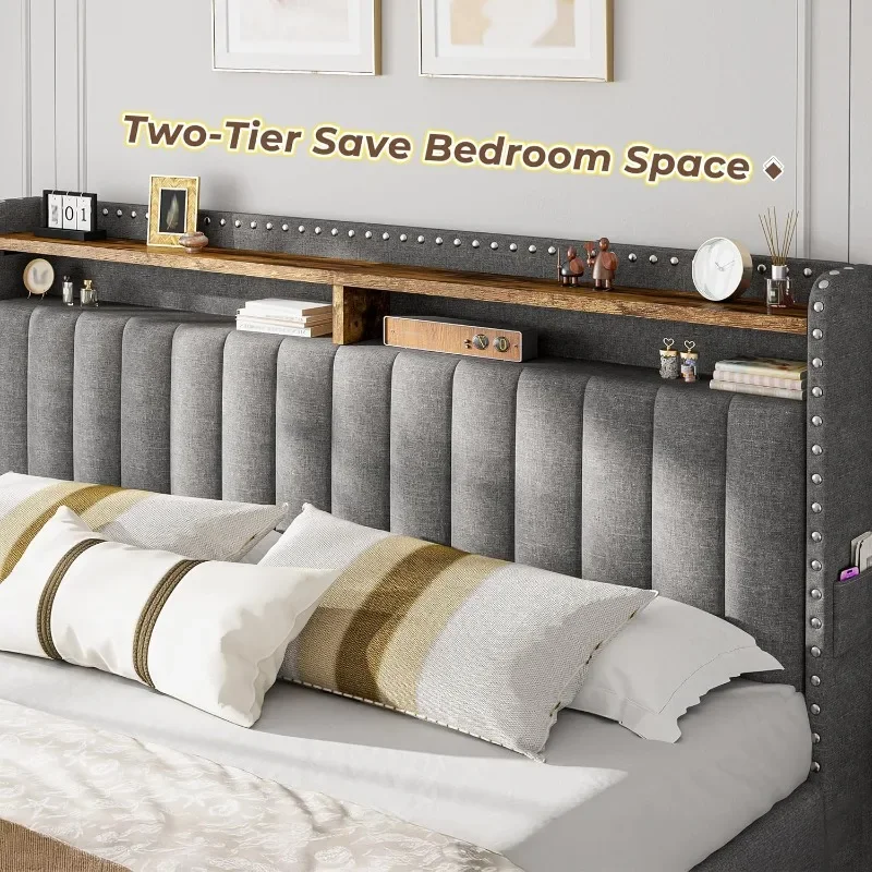 EnHomee Polsterbett mit Kingsi – King Size Bed Frame With Storage Drawers Bewertung und Preis