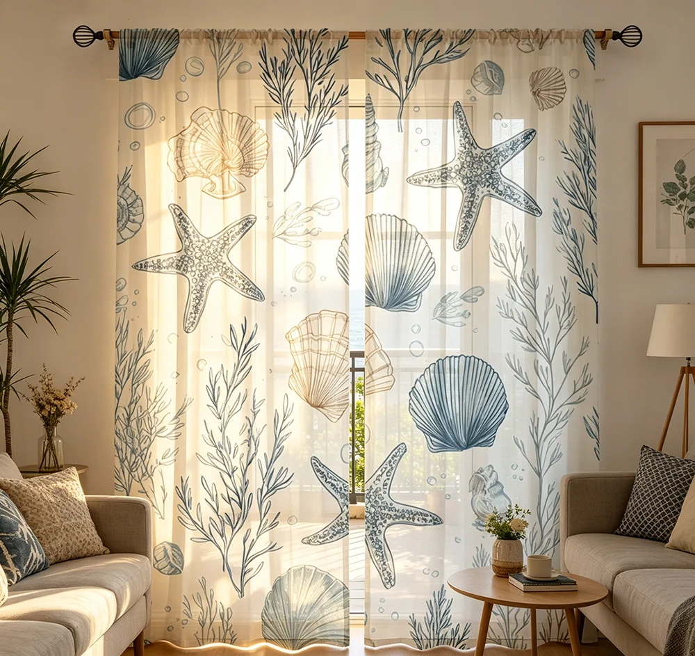 2PCS Digital Printing Sheer Curtain, Mermaid Tail Scales Ocean Pattern, Magical Underwater Girls Bedroom Fantasy Beach Decor
