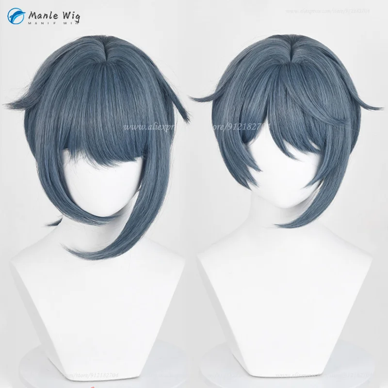 New Skin Anime Lantern Rite Xingqiu Cosplay Wig 30cm Blue Gray Bamboo Rain Xingqiu Wig Heat Resistant Synthetic Wigs + Wig Cap