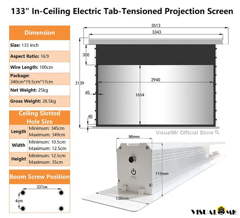 2026 Nieuw Inbouw Elektrisch Zwart Grid ALR UST Ingebouwd Projector Scherm Tab-Tensioned Gemotoriseerd Geüpgraded Plafondprojectie 4K