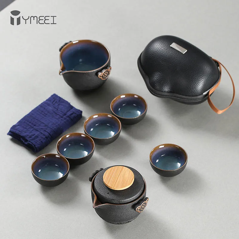 YMEEI High-grade Chinese Travel Kung Fu Teaset With Carrying Bag Ceramic Portable Teapot Porcelain Gaiwan Tea Cups of Ceremony