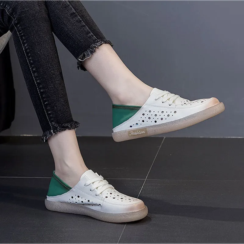 Little White Shoes Women's Flat Sports Two Wear 2023 New First Layer Cowhide Casual Board Shoes Openwork Maternity Single Shoes