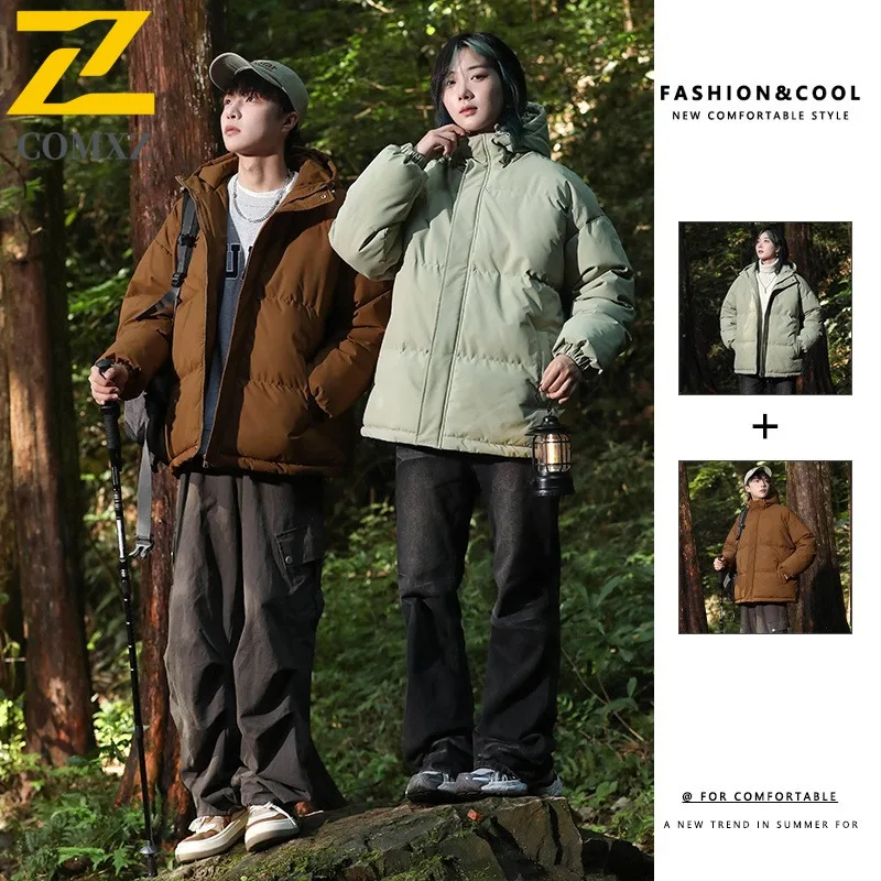 COMXZ 2025 Winter Plus Size Mens Cotton Jacket M 8XL Loose Fit Hooded Short Puffer Coat Outwear tactics lightweight windbreaker