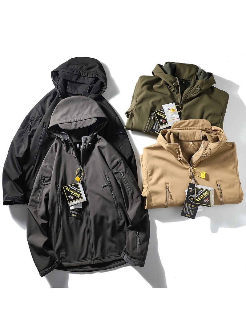 

Мужская ветрозащитная и водонепроницаемая куртка с капюшоном на флисовой подкладке, повседневная, с множеством карманов, для работы, осень-зима