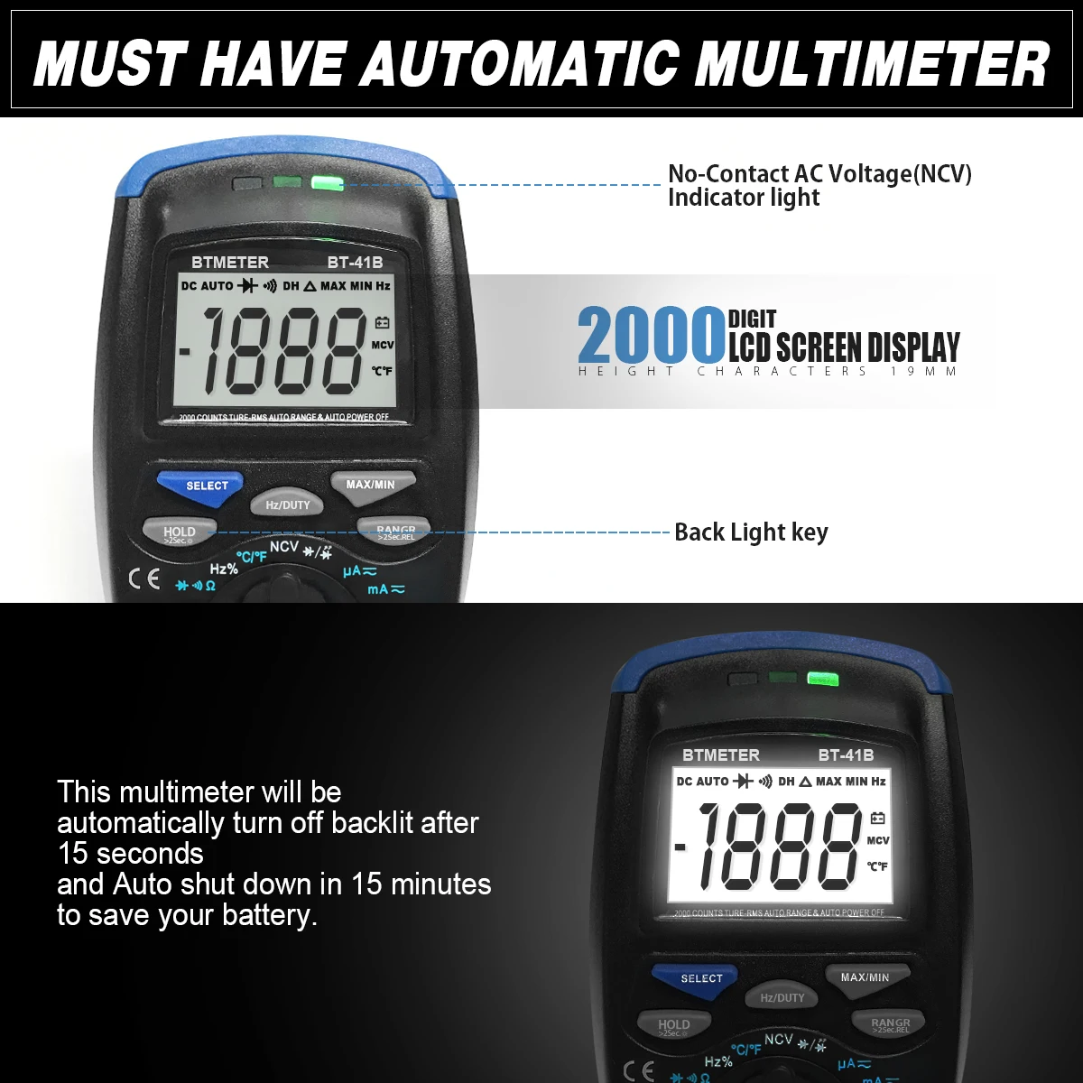 HoldPeak HP-41B NCV Digital Multimeter 6000 Counts Auto Ranging AC/DC Voltage Meter Flash Back Light Large Screen Dropshipping