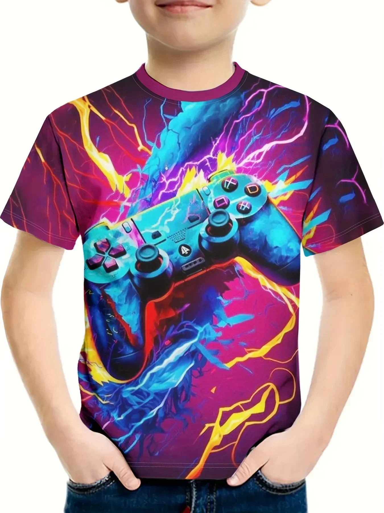 

Casual Top for Crew Neck Short Summer Boy Sleeve T-shirt Kids Gamepad with Color Paint 3D Print Boy's T-shirt