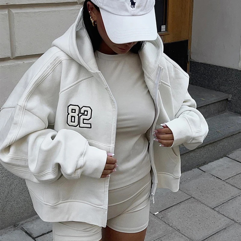 Women Casual Loose Sweatshirt Embroidered Letters Autumn and Winter Hooded Jacket Pocket Zipper Cardigan