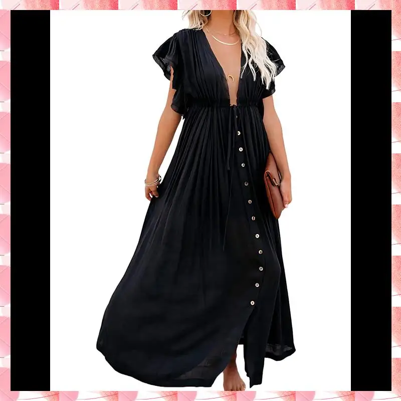 فستان شاطئ صيفي كاجوال للنساء، فستان طويل مكشكش بأزرار سفلية، فستان بوهو طويل