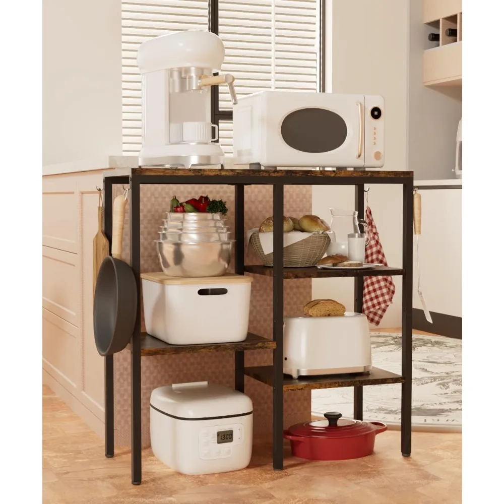 

4-Tier Adjustable Kitchen Microwave Stand with Coffee Bar and Storage, Baker's Rack Featuring 4 Hooks and 5 Shelves