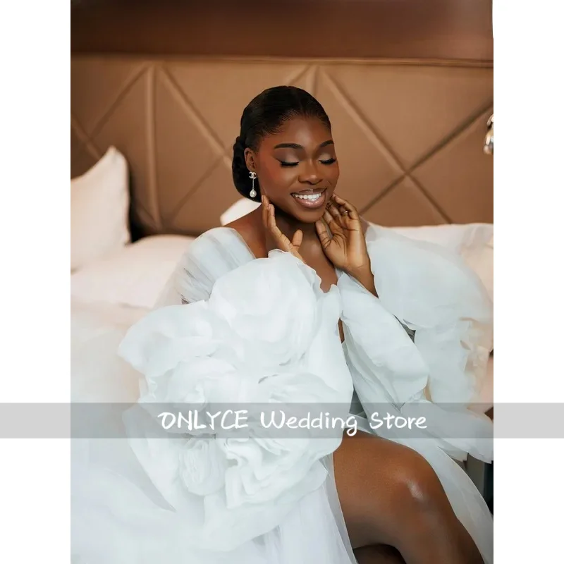 African Tulle Wedding Robes for Bride Bridal Shower Dress 2 Pieces 3D Flowers Pre-wedding Photoshoot Morning Robe Customized