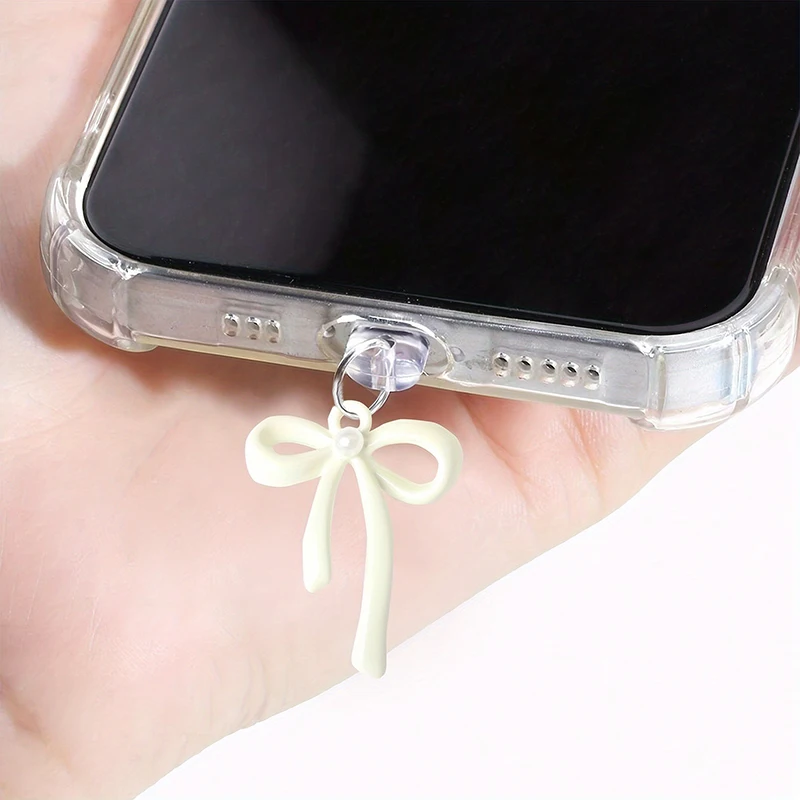 

Korea Cute Pink Bow Pearl Phone Dust Stopper Accessories Pendant Decoration Suitable for iPhone for Samsung Type-C