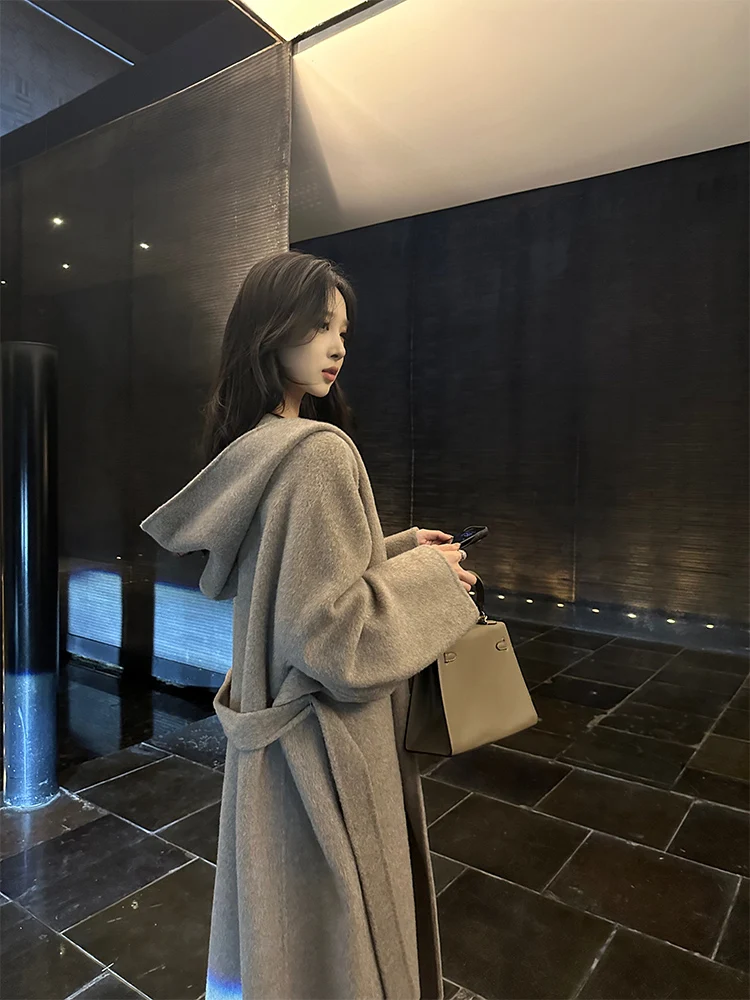

Double-Faced Woolen Coat with Hood Long Lapel 00 Wool Autumn Winter Women's Outerwear Simple Sle Commute Long Sve