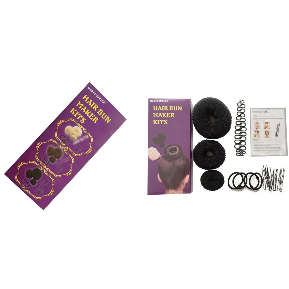 

1 set Hair Bun Maker Set Thick Thin Hair Styling Tool Chignon Maker Fishtail Braider U-Clip Rubber Bands For Salon Cosmetology