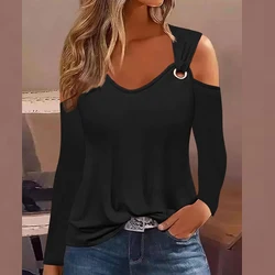 Summer Sexy Elegant Fashion Chic T-shirt Women Stylish All Match Minimalist Chic V Neck Long Sleeve Off the Shoulder Slim Top