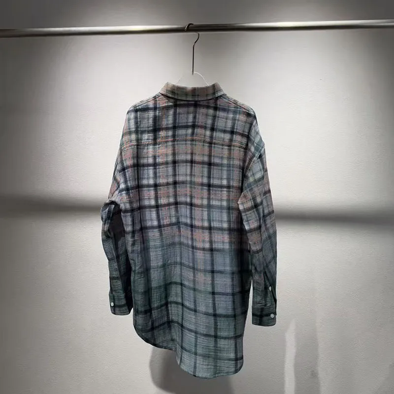 Women's Gradient Plaid Collared Long-Sleeve Shirt Stylish Casual Vintage-Washed Top High-Quality Cotton Shirt Fall Season, New