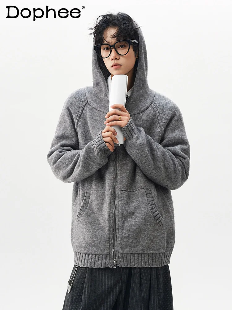 American Retro Gray Sweater Jacket Stylish Men's Autumn Winter New High-end Youth Trendy Hooded Knitwear
