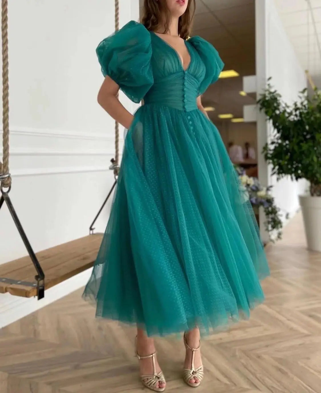 Puffy Sleeve Prom Dresses for Women Dotted Tulle V Neck Formal Evening Party Gowns Tea Length Formal Dress Women Elegant