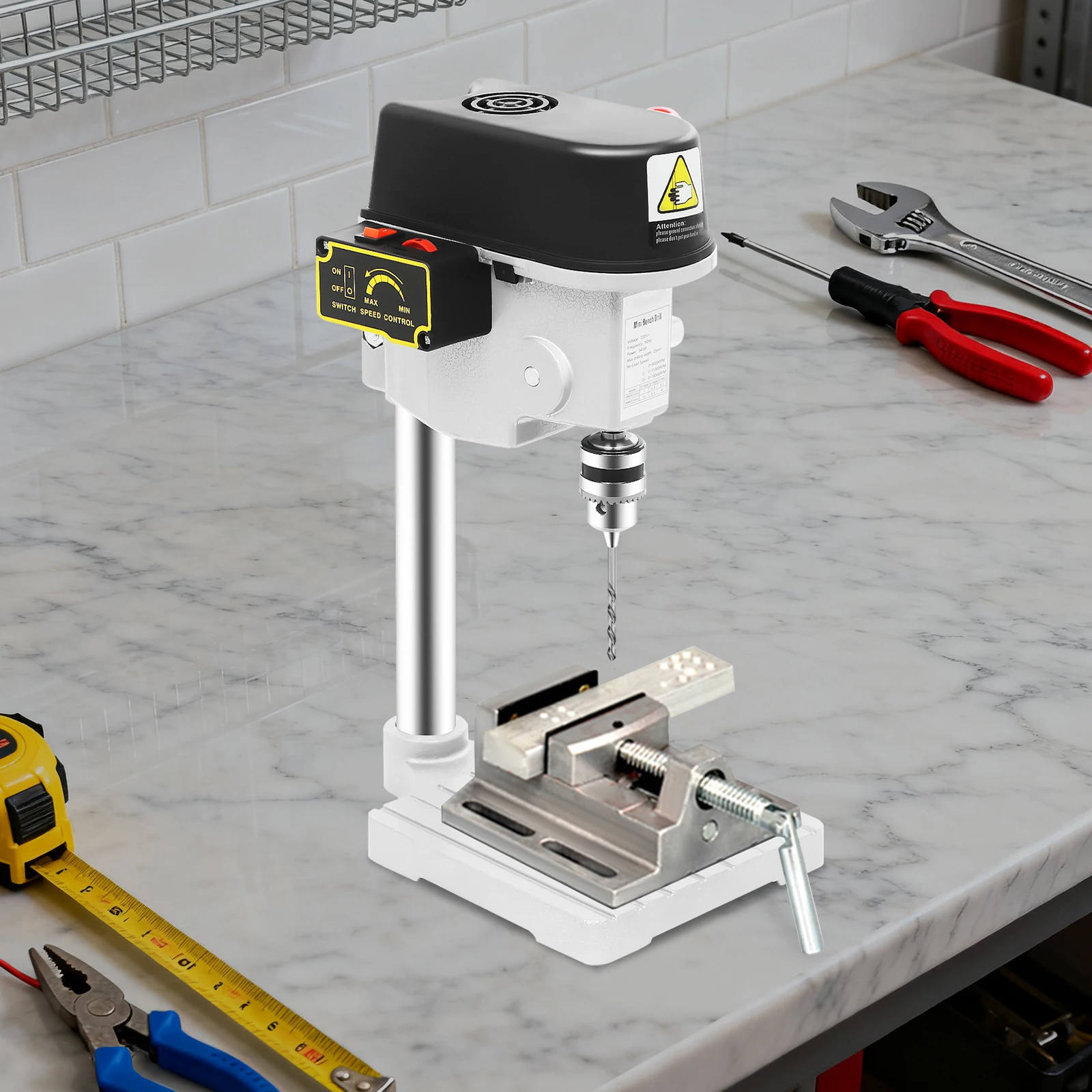 Perceuse à colonne mini 340W 220V, perceuse de table filaire, 3 vitesses réglables, pour le bricolage, la menuiserie et le perçage du métal