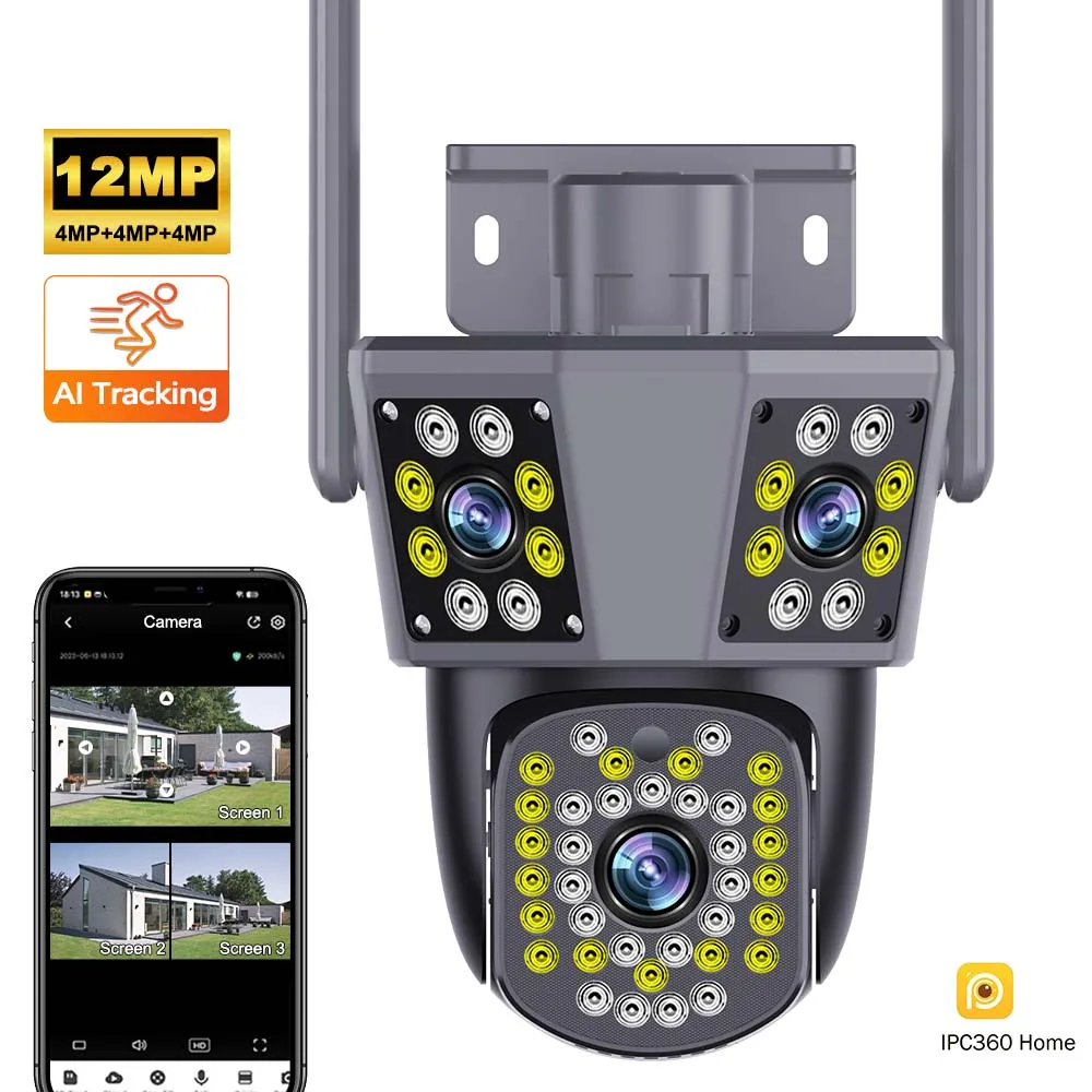 6K WiFi Camera Three Lens Three Screen CCTV 10X Zoom Video Surveillance IPC360 Home Street Cam 12MP Video Surveillance