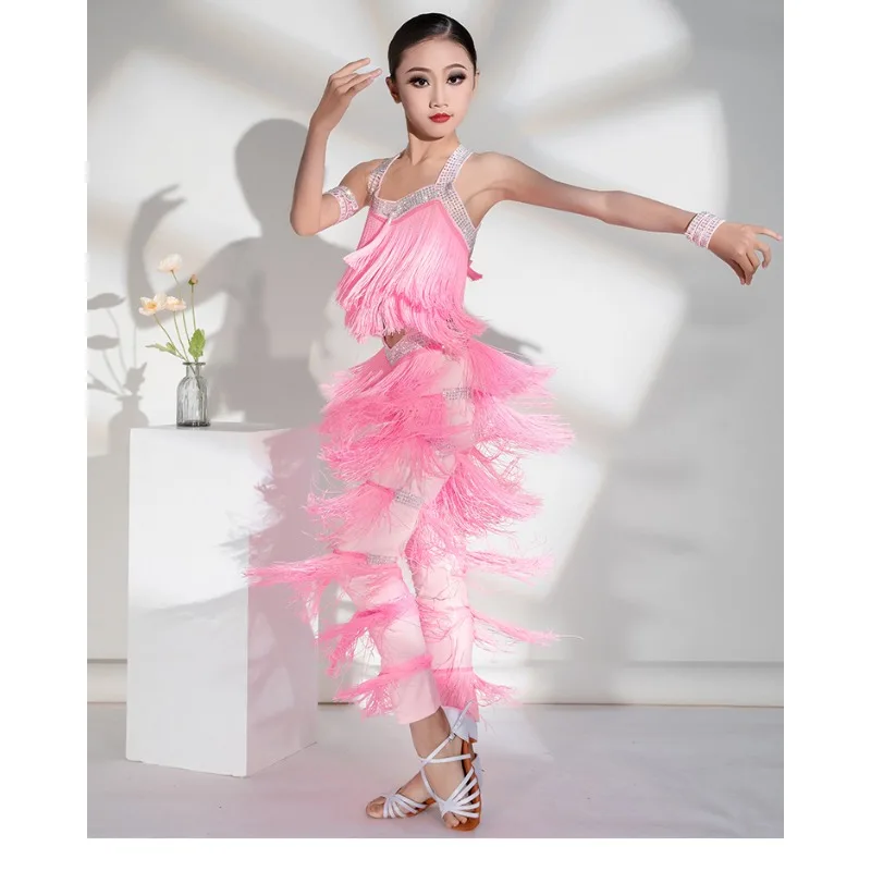 Latin dance performance costume girls' pants tassel children's cha cha tango samba 2-piece set ballroom dress standard