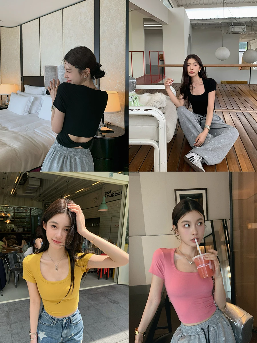 

Hot ort Sve T-irt Women's Slim Fit Belly Baring Knot Ba Spicy Girl Top Summer Faion Casual Cotton Blend