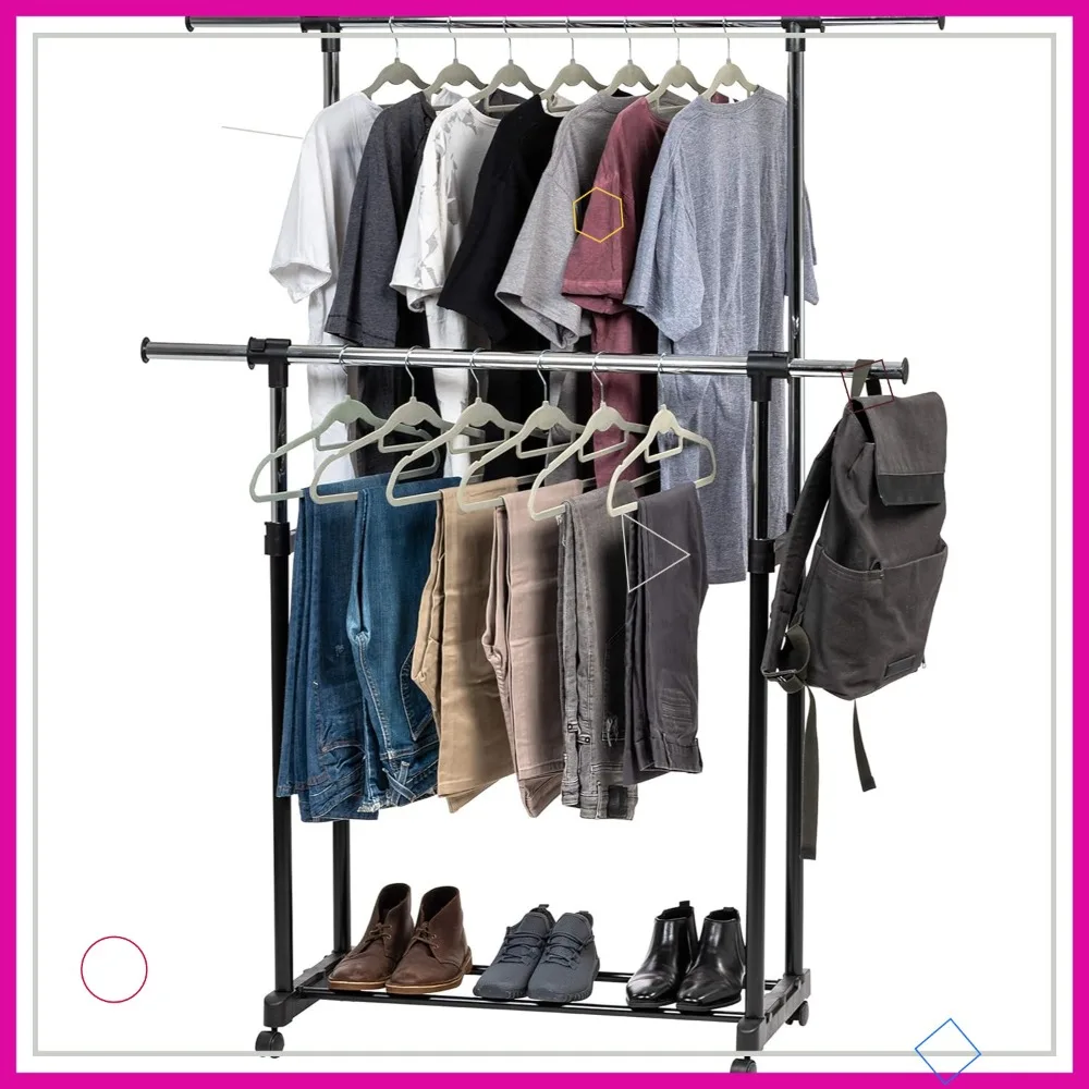 

Portable Double-Rod Adjustable Clothes Rack with Wheels, Rolling Garment Wardrobe for Home Storage
