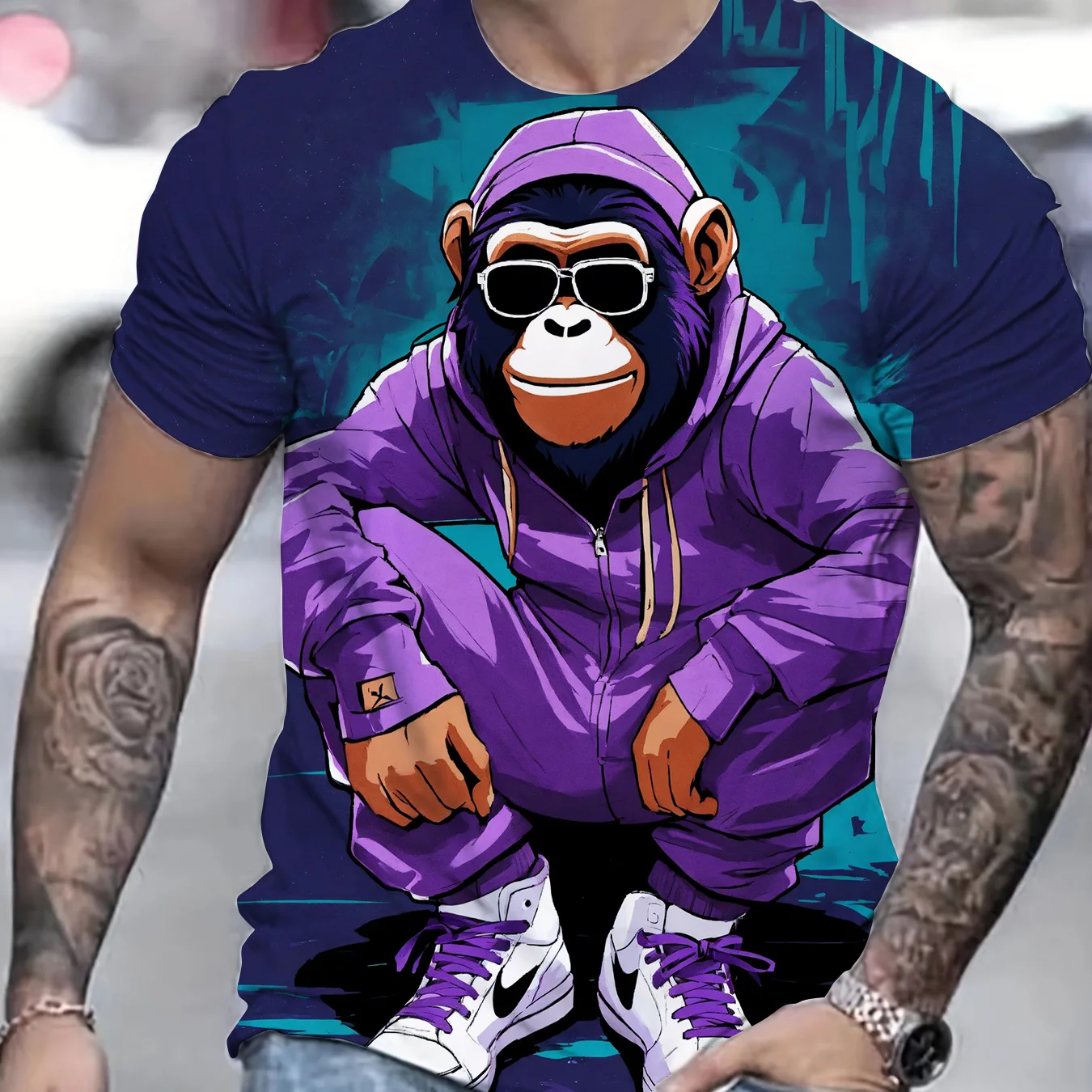 Men's monkey pattern printed T-shirt, men's casual O-neck short sleeved top, fun 3D street wear, fashionable hip-hop men's cloth