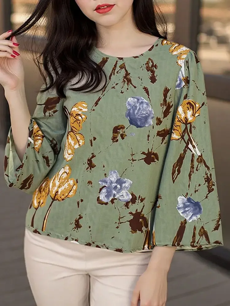 

ZANZEA Autumn O Neck Blouse Pullover Fashion Vintage Floral Printed Blusas 2025 Women Casual Loose 3/4 Flare Sleeve Tops