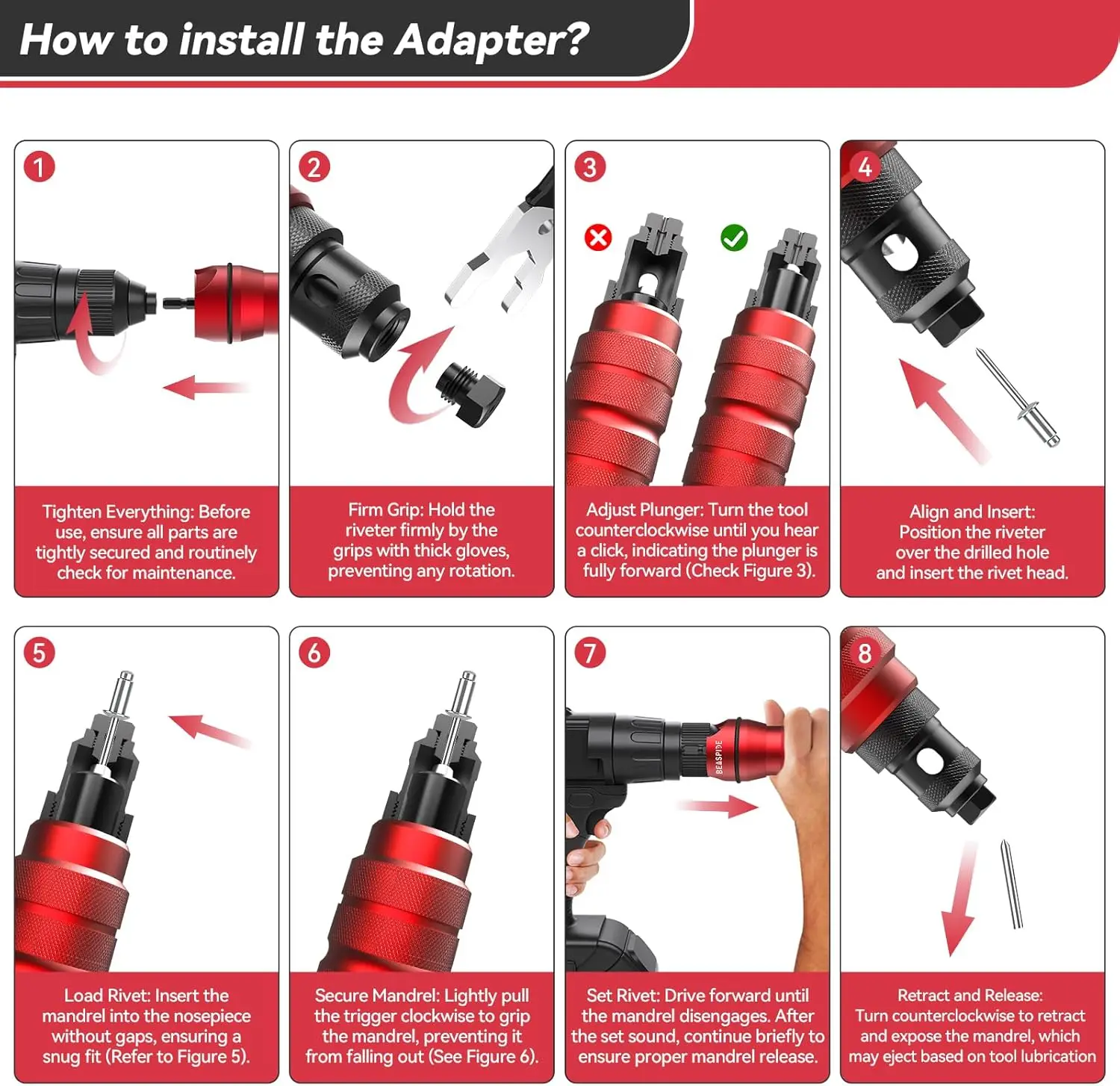 Adattatore per pistola per rivetti a batteria - Kit adattatore per trapano per rivetti elettrico 2,4 mm-6,4 mm, kit pistola per rivetti con 6 teste per rivetti intercambiabili e