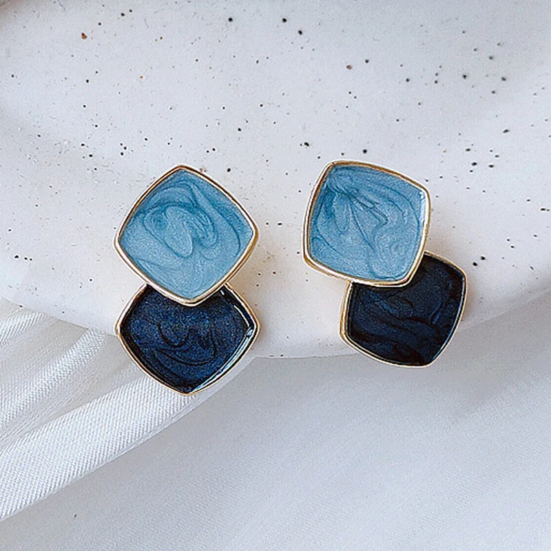 Double Layer Rhombus Drop Earrings for Women Fashion Enamel Oil Geometry Blue Brown Dangle Earrings Trendy Jewelry Gift