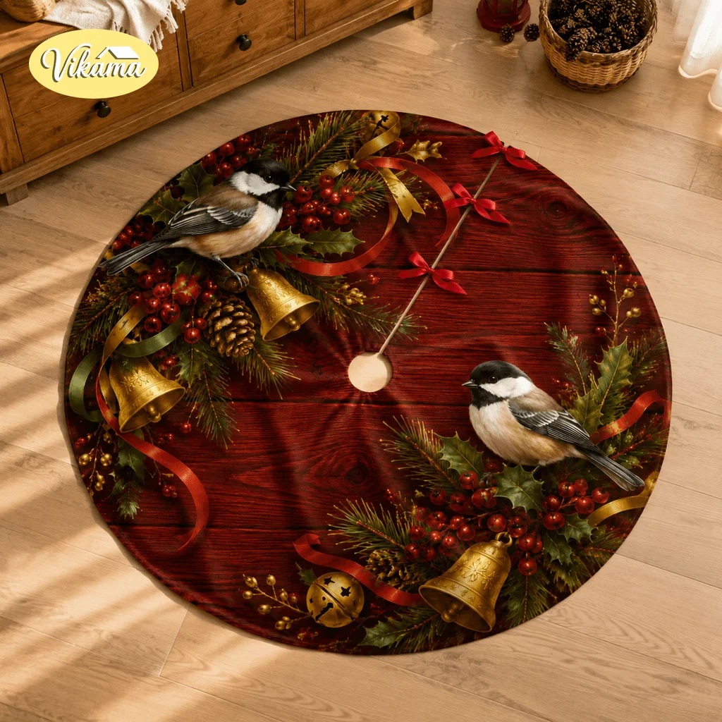 Faldón para árbol de Navidad, diseño de madera en tonos rojo y marrón, con motivos de pajaritos, campanillas doradas y bayas, cubre la base del árbol, decoración navideña de estilo rústico para el hogar.